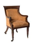 A William IV mahogany Bergere armchair:, with curved bar top rail, upholstered back,