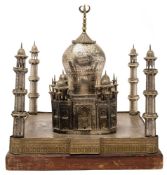 An Indian white metal model of the Taj Mahal: the central mausoleum of square outline with canted