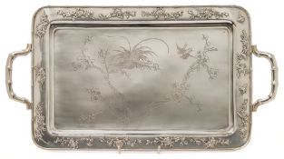 A late 19th/early 20th century Chinese silver two handled tray, maker WO: of rectangular outline,