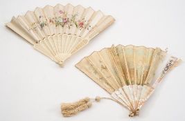 A 19th century mother-of-pearl fan with painted silk leaf,