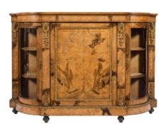 A Victorian walnut, inlaid and gilt metal mounted credenza:, of breakfront D-shaped outline,