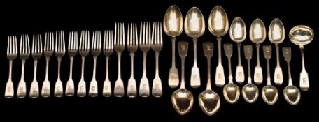 A silver fiddle pattern matched part flatware service, various makers and dates: crested,