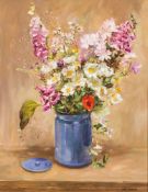 * Anne Cotterill [1933-2010]- Still life vase of flowers in a blue china pot:- signed oil on