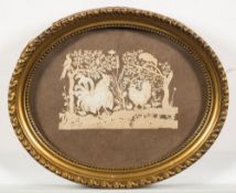 A 19th century cutwork paper panel: depicting a cockerel, hen and chicks,