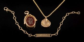 A 9ct gold 'oyster shell' pendant locket: on a chain of boot-lace linking,