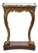 A 19th Century carved giltwood console table:, of concave fronted outline,