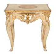 A carved giltwood and decorated console table:, of serpentine outline in the 18th Century taste,
