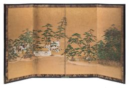 An early 18th century Japanese four-fold screen: painted with a continuous beach scene with pine