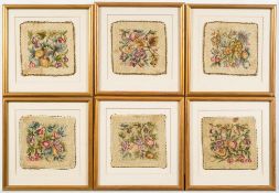 A set of six 19th century petit-point embroidered square panels: each decorated with flowers and