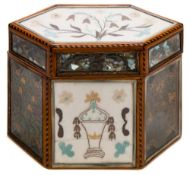 A George III quillwork, satinwood and inlaid tea caddy: of lozenge-shaped outline,