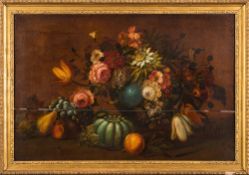 German School Circa 1800- A still life of flowers and fruit:- with a companion, oils on panel,