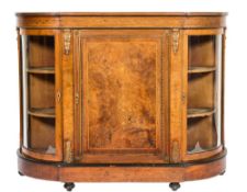 A Victorian walnut, inlaid and gilt metal mounted credenza:, of D-shaped breakfront outline,