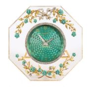 Asprey, London a gold, diamond and enamel strut clock: the octagonal glass case having applied gold,