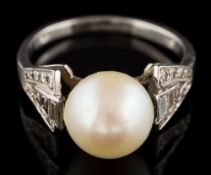 An Art Deco platinum, 'pearl' and diamond ring: the single 'pearl' approximately 9.