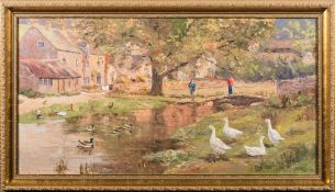 * Nancy Bailey [1913-2012]- By the village pond:- signed oil on canvas 39 x 74cm.