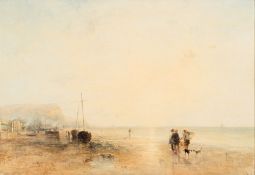 Circle of James Baker Pyne [19th Century]- Coastal scene with fisherfolk:- oil on canvas 48 x 70cm.