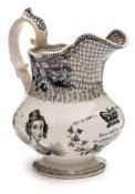 A Staffordshire pottery Queen Victoria 'Proclamation' jug: of squat footed form with scroll handle