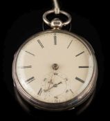 A gentleman's silver cased key wound open face pocket watch: the cream circular dial 43mm diameter