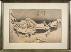 After Hiroshige, Evening Snow at Kanbura: taken from the fifty three stations of Tokaido, 22 x 35cm.