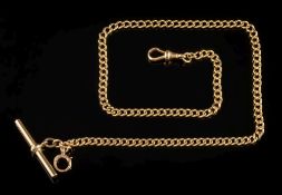 An 18ct gold curb-link watch chain: with swivel and bar, a brass jump ring and 9ct gold bolt ring,