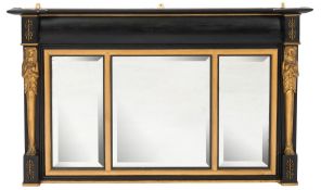 A late 19th Century later ebonised and gilt decorated landscape overmantel mirror:,