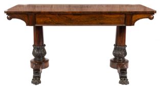 A Victorian rosewood rectangular library table:, the overhanging top with rounded corners,