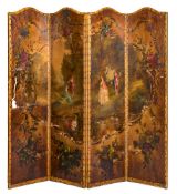 A late 19th Century chinoiserie decorated canvas four fold screen:,