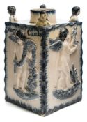 A Bovey Tracey documentary creamware tea canister: of rectangular form on short peg feet,