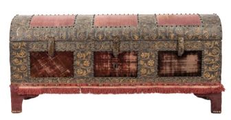 An embossed metal studded and velvet covered domed coffer in the 17th Century Spanish taste:,