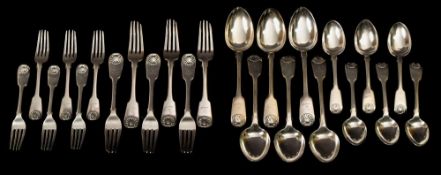A Victorian silver fiddle and shell pattern part flatware service, maker Joseph & Albert Savory,