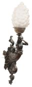 A late 19th century bronzed metal wall light: the foliate scroll and grape decorated backplate with