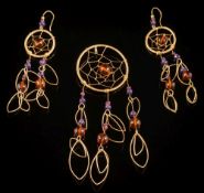 A gold and gem-set 'dream catcher' pendant and matching earrings:, 26.5gms gross weight.