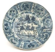 A large Chinese Swatow blue and white bowl: painted in the centre with an island landscape with