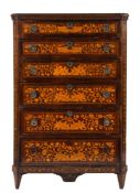 An early 19th Century Dutch mahogany and floral marquetry upright chest:, bordered with ebonised,
