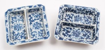 A pair of small Chinese porcelain sectional brush washers: each of canted square form with divided