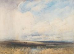 George Russell Gowans [1843-1924]- Ploughman and team in an open landscape:- signed bottom