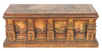 An early 18th Century North Italian painted cassone:, of rectangular shape,