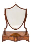 A George III mahogany and inlaid platform toilet mirror:, with shield shaped plate.