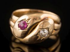 An 18ct gold, ruby and diamond double-headed snake,