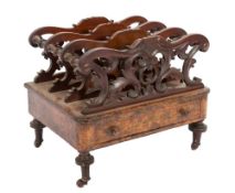 A Victorian burr walnut, boxwood inlaid and carved three division canterbury:,