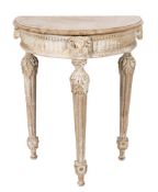 A carved and decorated pine half round console table:, with a faux marble top, the fluted,