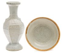 A small Chinese stoneware vase and a similar bowl: both covered with a pale bluish glaze,