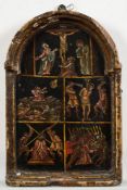 An Eastern European icon: of arched outline divided into five scenes including Christ at Gethsemane,