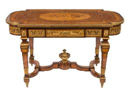A fine Napoleon III mahogany, kingwood, burr walnut and marquetry table de milieu:,
