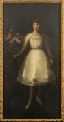 British School 19/20th Century- A portrait of a young lady standing beside an urn of flowers:- oil