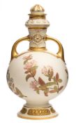 A Worcester porcelain two-handled bottle vase and cover: decorated with flowers on an ivory ground
