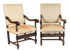 A pair of carved beech open armchairs:, in the 17th Century taste,