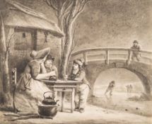 Andries Vermeulen [1763-1814]- Snowy Winter scene with skater on a frozen river:- signed bottom
