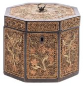 A George III mahogany and quillwork tea caddy: of octagonal outline,