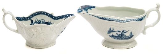 Two First Period Worcester porcelain sauce boats: one of strap moulded form painted in blue in the